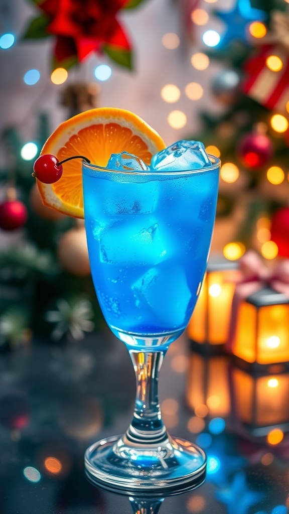A vibrant blue cocktail with orange and cherry garnish in a festive setting.